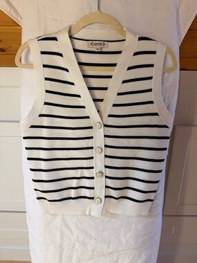 Nanette Lepore White and Black Striped V-Neck Sleeveless Sweater Vest